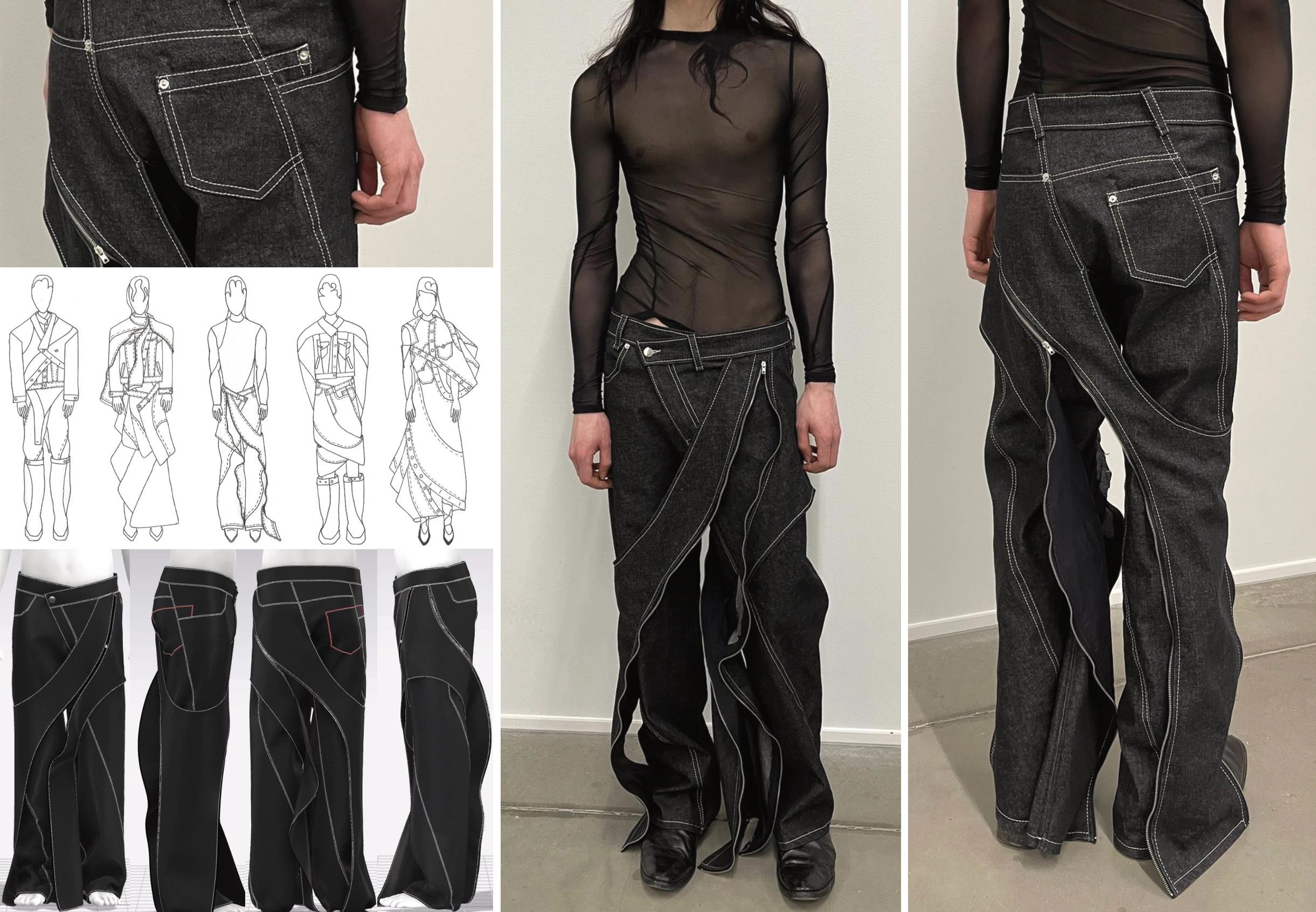 Denim construction details, drawings and finished garment